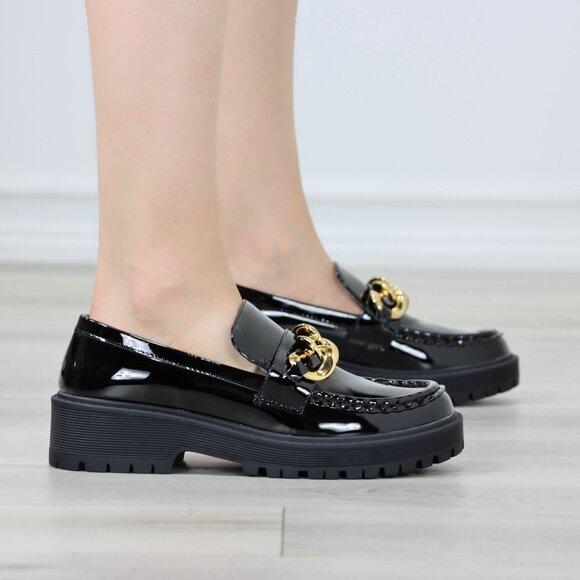 Womens Chunky Penny Loafer Lug Sole Slip On Platform Black Patent Gold Chain - Picture 11 of 15